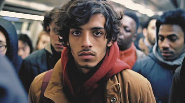 A Young Adult Man On A Subway Or Train In Tunnel, Crowded Train, Public Transport, Indian Or Multiracial, Tanned Dark Skin Tone, Black Hair, Short Beard, Crowd On Train, Standing, No Free Seat