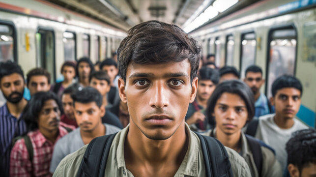 a young adult man on a subway or train in tunnel, crowded train, public transport, indian or multiracial, tanned dark skin tone, black hair, short beard, crowd on train, standing, no free seat