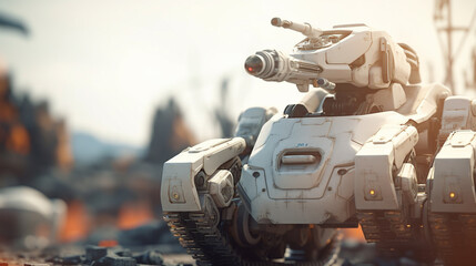 a modern futuristic tank, robot and vehicle combination, autonomous warfare, autonomous weapons, artificial intelligence or AGI at war, armored vehicle at war