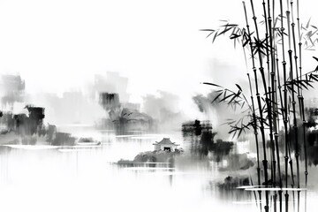Chinese style abstract bamboo forest snow mountain poetic ink painting, new Chinese style Chinese style ink bamboo painting