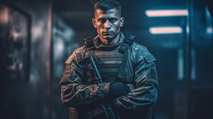 Fototapeta na wymiar a young adult soldier with folded arms, fictional army, in uniform, nervous, machine gun, in dark room, underground or without windows, fictional location