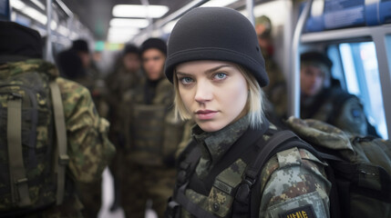 Fototapeta premium woman, caucasian, a soldier, in uniform with a bulletproof vest, special unit of the police or federal police or soldier of an army, fictitious place