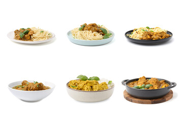 Set of delicious curry dishes on white background