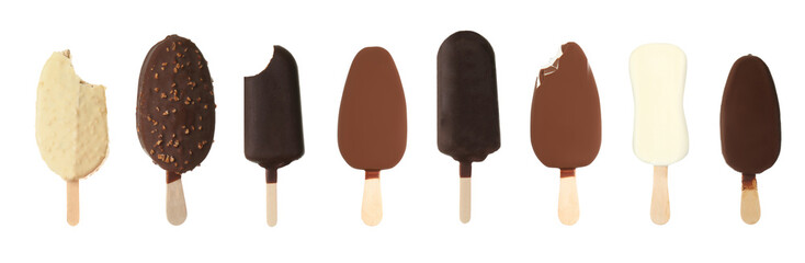 Set of different tasty glazed ice creams on white background