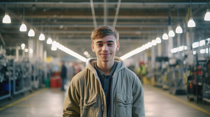 teenager boy or young adult man works in a workshop, stands in front of machines, factory worker, smiling