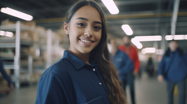 young adult woman works in a workshop, stands in front of machines, factory worker. brunette, smiling, teenage girl