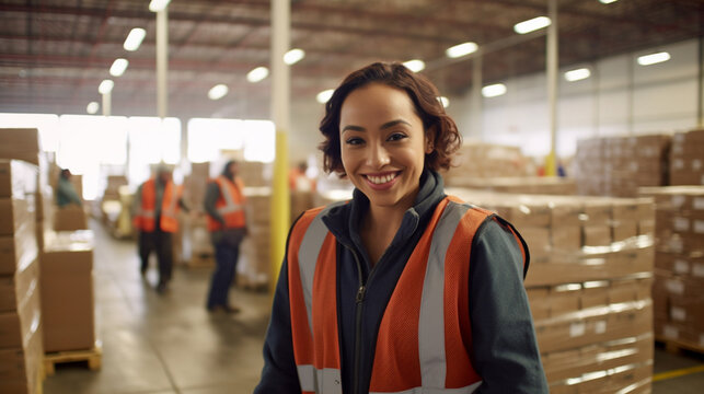 young adult woman wearing orange safety vest, pallets with packages, wrapped, logistics center and shipping center, delivery or deliveries, logistic or production