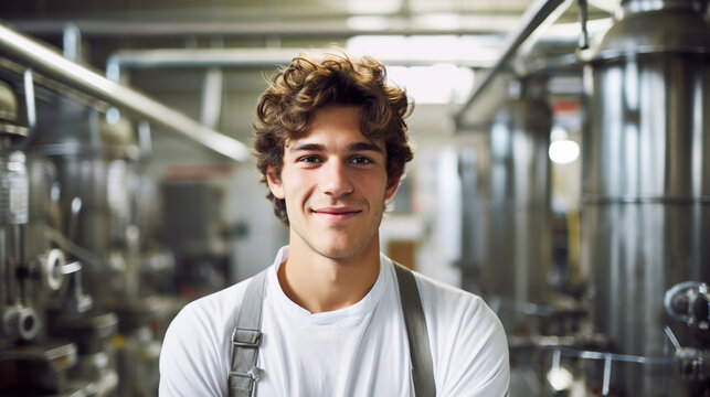 young adult man works, stands in front of machines, factory worker