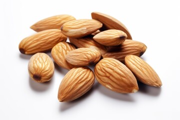 A bunch of loose fresh almonds on a white background with shadows. are photographed closely. Generated Ai