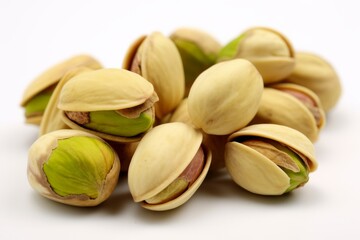 A bunch of pistachios loosely gathered on a white background are photographed closely. Generated Ai