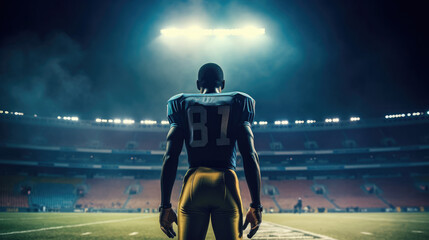 Football Player Standing Lit by Stadium Lights with No Helmet On Preparing for the Game, Generative AI