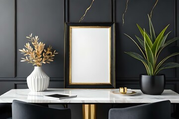 Black picture frame mockup in the white table and tropical plant with luxury interior isolated on dark wall