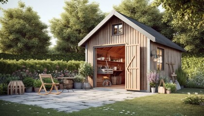 Wooden shed in the garden, Generative AI - obrazy, fototapety, plakaty
