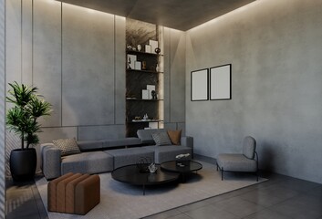 Modern living room interior design contemporary, with natural tones on the room, walls, floor and ceiling. 3d rendering illustration