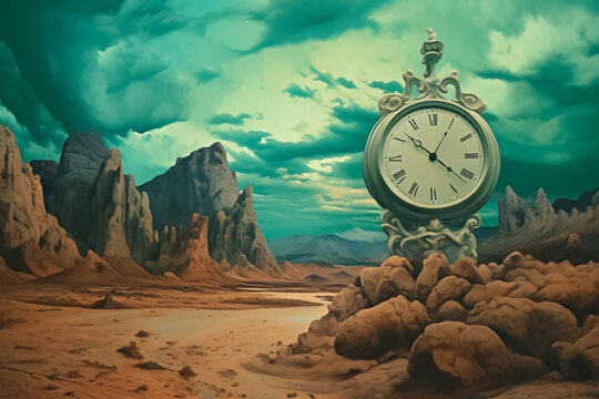 illustrated image reveals a grand clock amidst the desert, boasting intricate details. Generative AI.