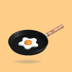 Fried egg on a frying pan 3D vector illustration, Fried egg and flat frying pan, breakfast concept, 
