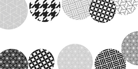 モノクロの丸形の和柄パターン背景イラスト
