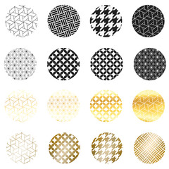 モノクロとゴールドの丸形の和柄パターンセット
