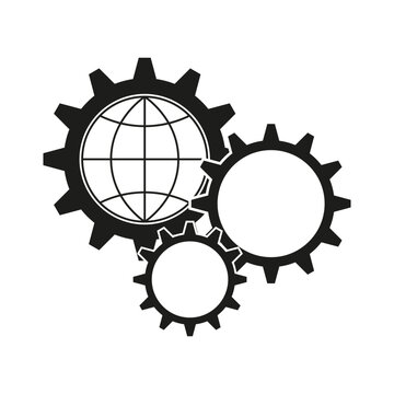 world mechanism icon, globe wiht gears, spin earth cogwheel, global engineering teamwork. Vector illustration. stock image.