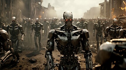 army of humanoid robots marching across a war-torn landscape © Marco