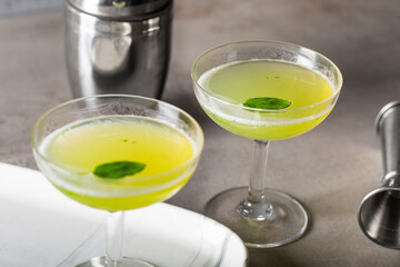 Boozy Gin Basil Smash cocktail gin, lemon juice, syrup and basil leaves