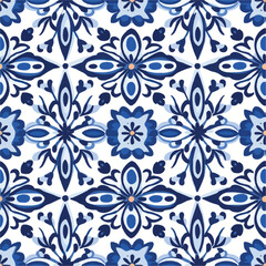 Fototapeta premium Traditional Talavera ornamental pattern. Seamless abstract pattern from tiles. Azulejos tiles patchwork. Portuguese and Spain decor. Mediterranean porcelain pottery.
