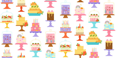 Fototapeta na wymiar Birthday cakes celebration desserts cartoon seamless pattern. Party delicious cupcake sweet bakery boundless background. Holiday decoration cake abstract ornament pastries endless print texture vector