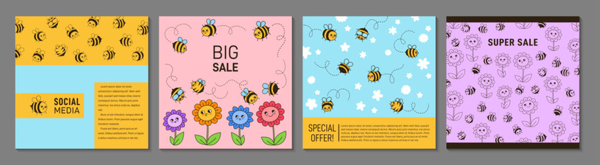 Bee honey characters and flowers trendy cover or square card design set. Comics honeybee insect mascot characters with funny faces pattern page flyer, notebook, social media catalog page background