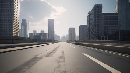 Empty asphalt road of a modern city with skyscrapers. Generative AI