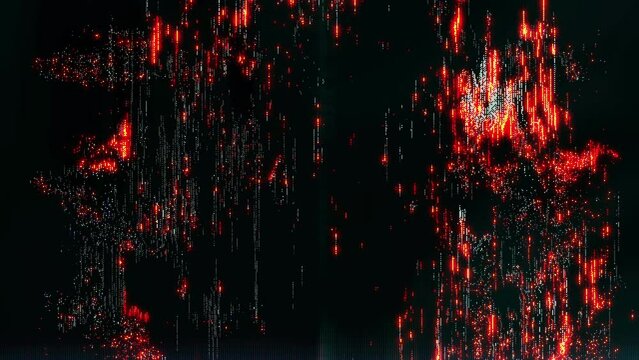 conceptual animation of distorted digital transmission with unique colorful orange scramble glitch noise effects. visualization of binary pixelated block code transmission with an alien strange trippy