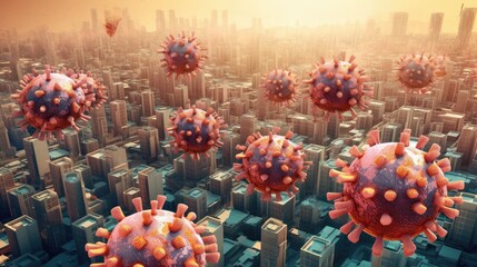 Viruses floating over a city. Generative AI	