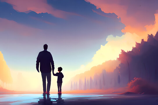 father and son in a beautiful landscape