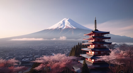 Fototapeta premium Fujiyoshida, Japan Beautiful view of mountain Fuji and Chureito pagoda wide background landscape. Generative AI