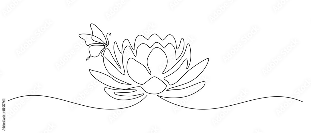 Aufkleber flower lotus with butterfly in one continuous line drawing. logo yoga studio and wellness spa salon 