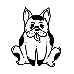 Cute french bulldog vector icon. Spotted black and white dog smiles and sits with his tongue hanging out. Funny purebred puppy, friendly pet. Simple doodle, sketch. Clipart for cards, posters, print
