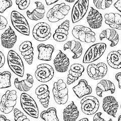 Bakery seamless vector pattern. Fresh organic bread, cupcake, croissant, loaf, bun. Gluten free baked goods. Sweet pastries, homemade pies. Food sketch. Black and white background for packaging, menu
