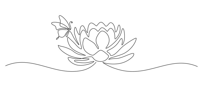 Flower lotus with butterfly in one continuous line drawing. Logo yoga studio and wellness spa salon concept in simple linear style. Water lily in editable stroke. Doodle contour vector illustration