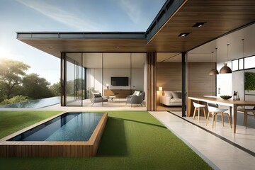 Fototapeta na wymiar an image of a contemporary house with clean lines, minimalist design, and seamless integration between indoor and outdoor living spaces