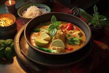 Yellow Thai Chicken Curry served in a bowl topped with chilli, lime and mint. Generated AI