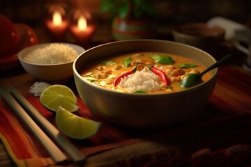 Yellow Thai Chicken Curry served in a bowl topped with chilli, lime and mint. Generated AI