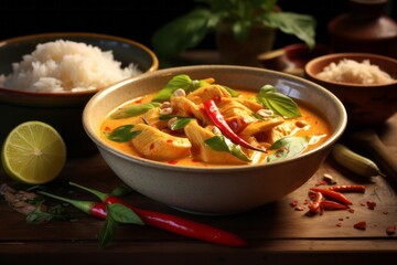 Yellow Thai Chicken Curry served in a bowl topped with chilli, lime and mint. Generated AI