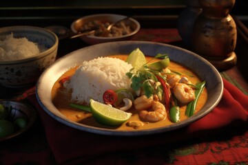 Yellow Thai Prawn Shrimp Curry served in a bowl topped with chilli, lime and mint. Generated AI