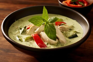 Green Thai Chicken Curry served in a bowl topped with chilli, lime and mint. Generated AI