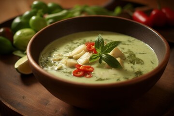 Green Thai Chicken Curry served in a bowl topped with chilli, lime and mint. Generated AI