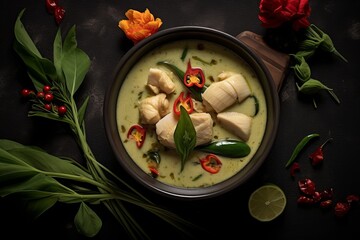 Green Thai Chicken Curry served in a bowl topped with chilli, lime and mint. Generated AI
