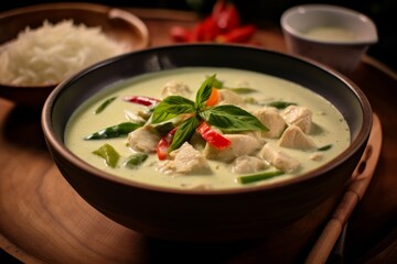 Green Thai Chicken Curry served in a bowl topped with chilli, lime and mint. Generated AI
