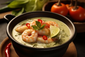 Green Thai Prawn Shrimp Curry served in a bowl topped with chilli, lime and mint. Generated AI
