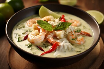 Green Thai Prawn Shrimp Curry served in a bowl topped with chilli, lime and mint. Generated AI