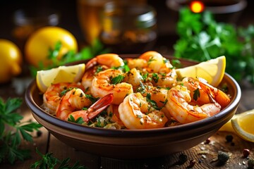 A light yet rounded dish from the south of France, shrimp Provençal is full of plump shrimp and fresh herbs in a bright garlic tomato broth. Generated Ai - obrazy, fototapety, plakaty