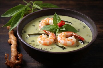 Green Thai Prawn Shrimp Curry served in a bowl topped with chilli, lime and mint. Generated AI